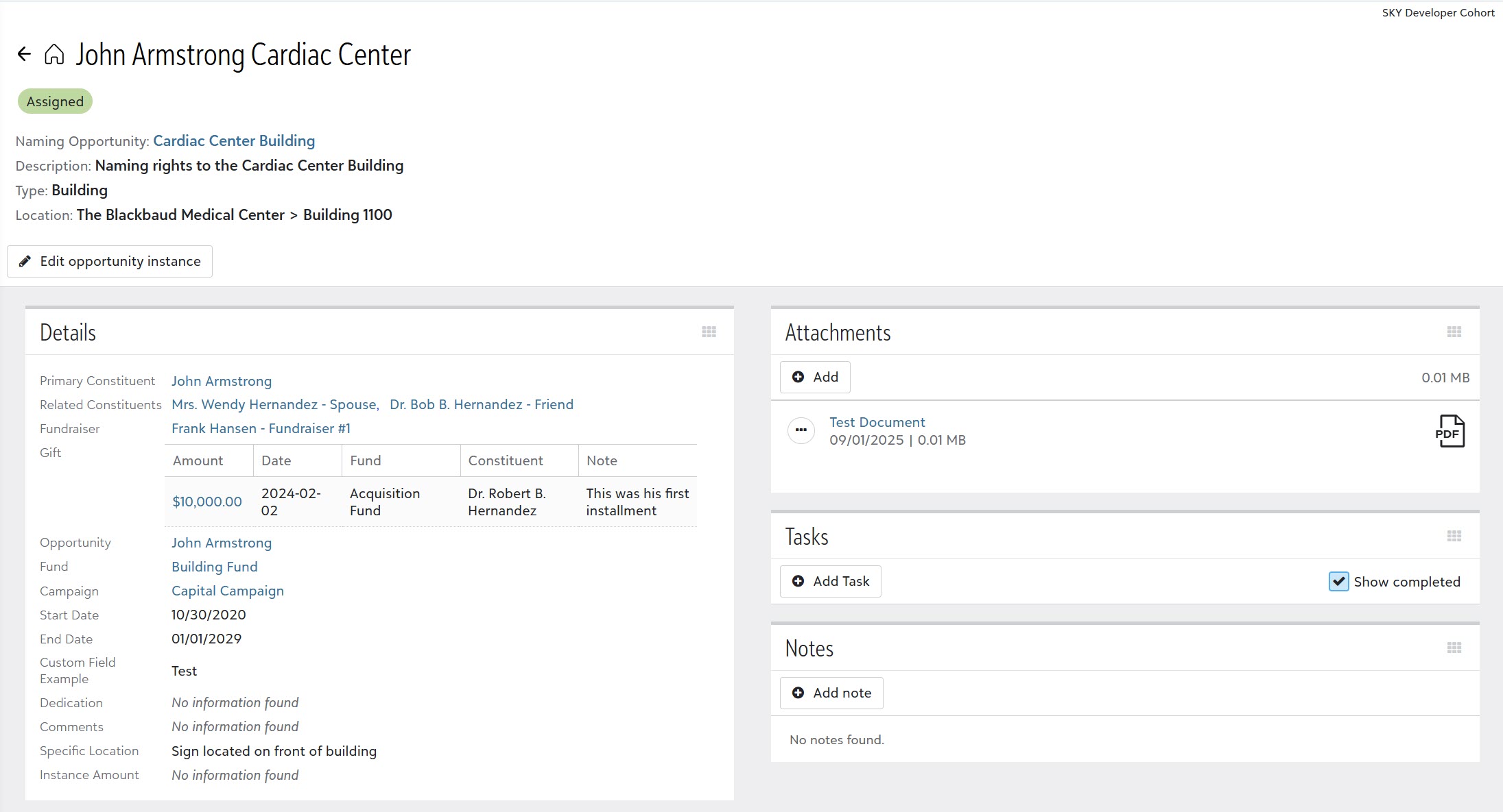 Naming opportunity record detail with assignment, gift, and fund information